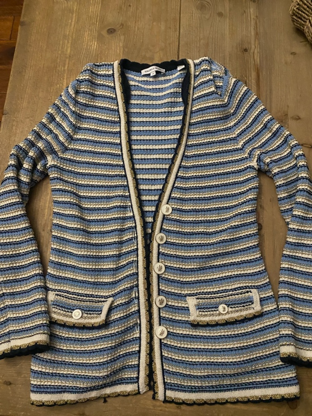 Veronica Beard Striped Open-Front Knit Cardigan - Blue and Cream